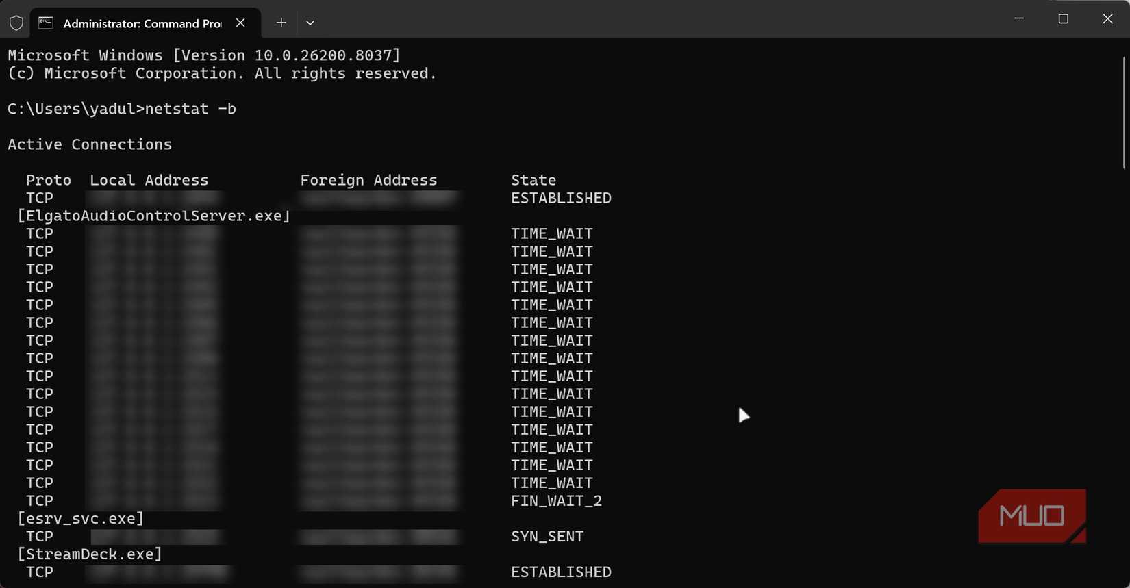 Netstat with B flag running in Windows Terminal.