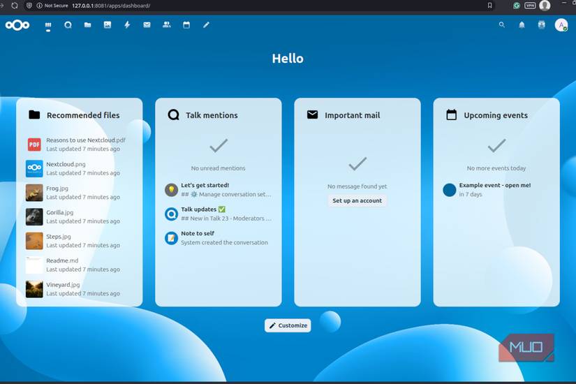 The NextCloud first view page.