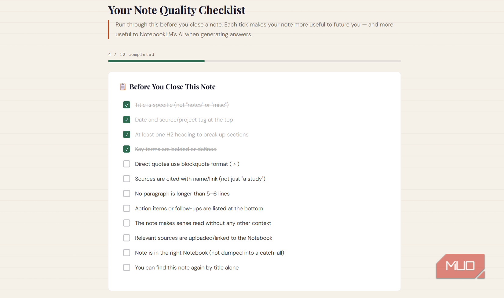 Nota Lista de verificación de calidad