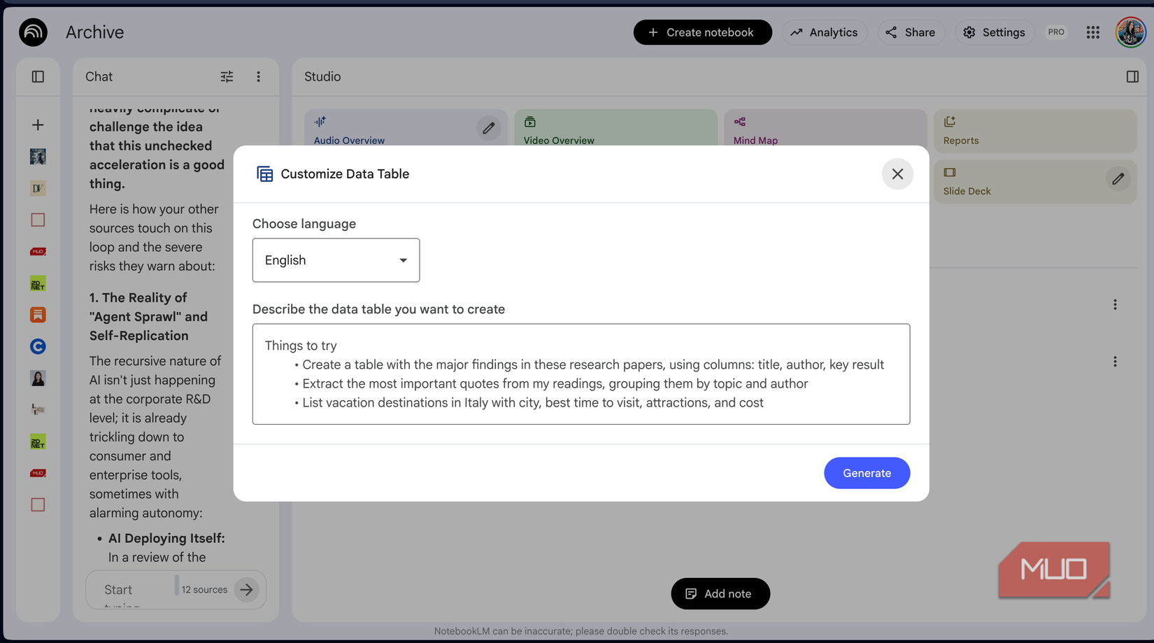 NotebookLM Data Tables feature in the Studio panel