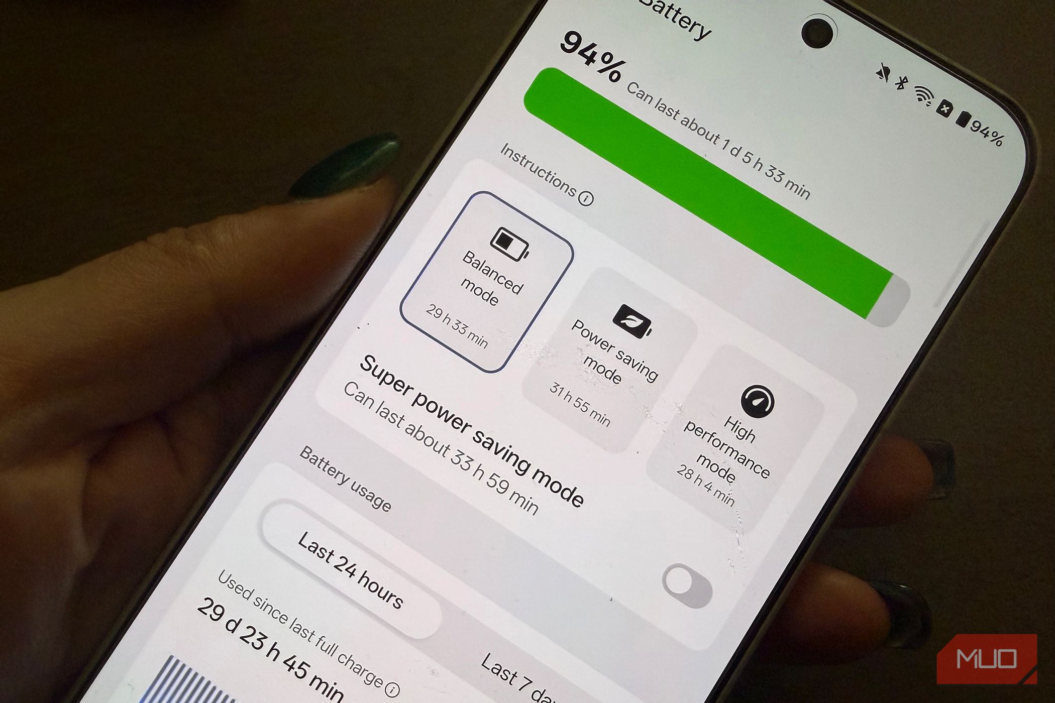 A close-up of the power saving mode options in the OnePlus 15