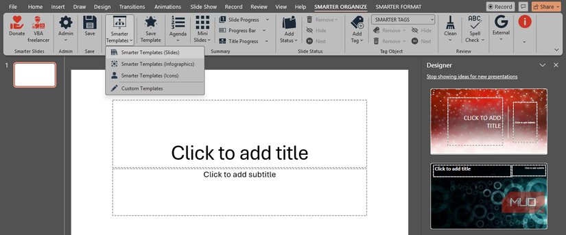 Options under Smarter Templates in Microsoft PowerPoint on desktop.