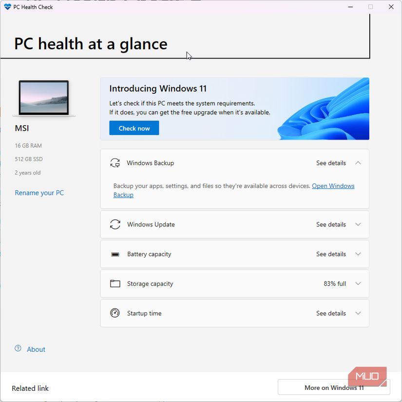 PC Health Check in WIndows 11