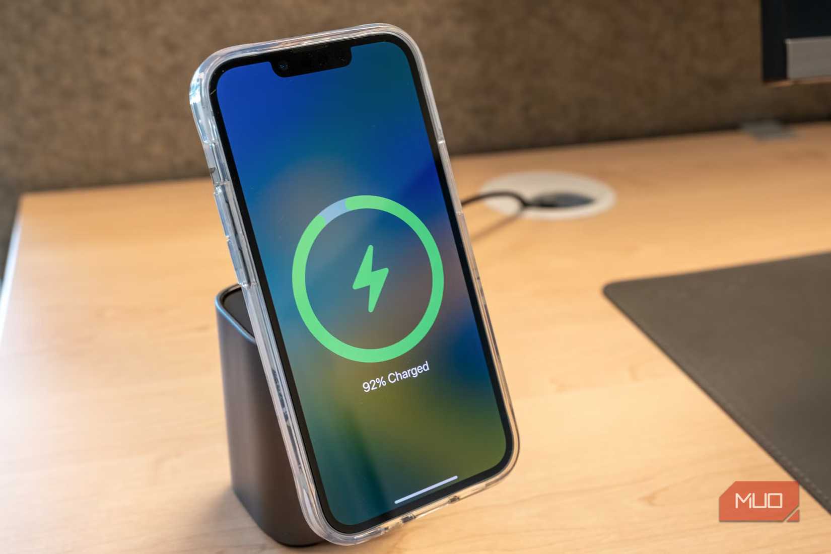 An iPhone connected to a GaN charger 