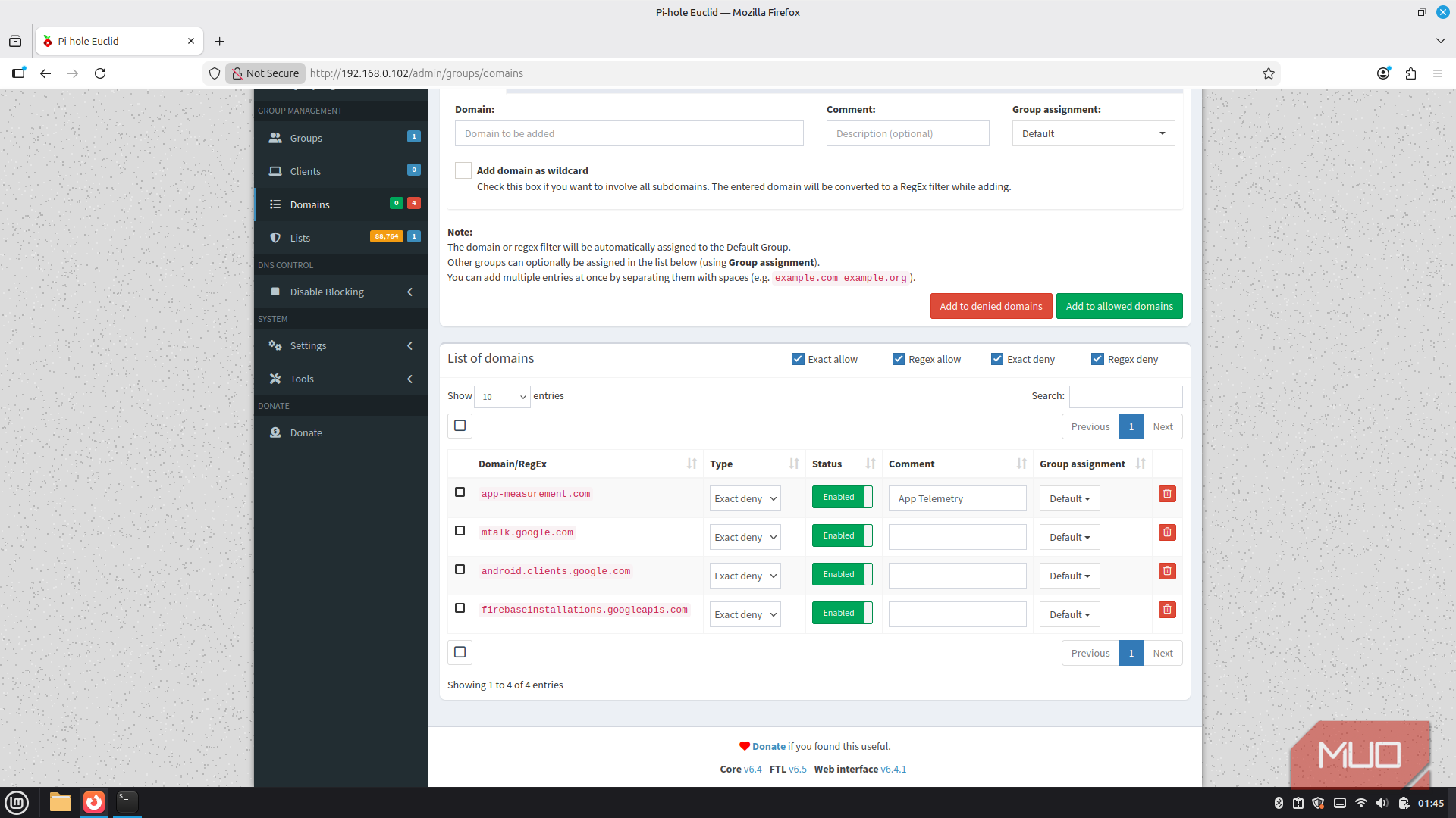 Pi-hole blocked domains screen.