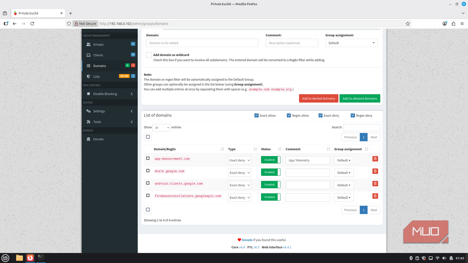 Pi-hole blocked domains screen.