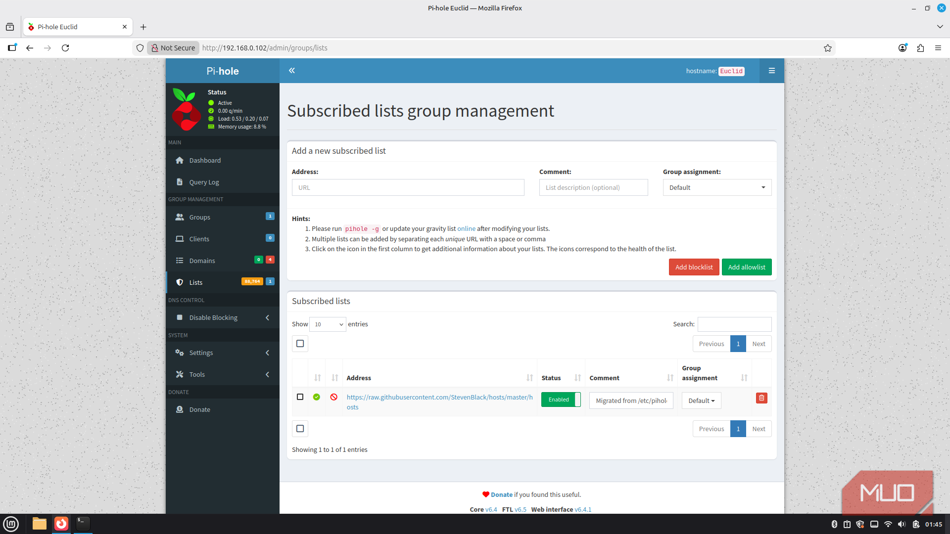 Pi-hole list management screen.