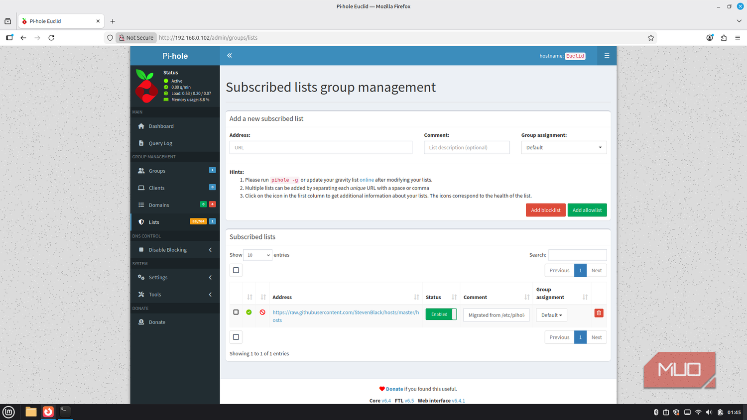 Pi-hole list management screen.