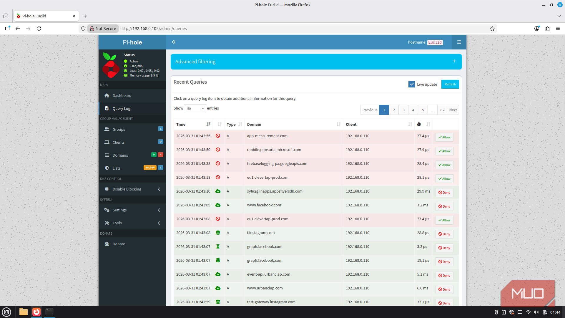 Pi-hole recent queries screen.