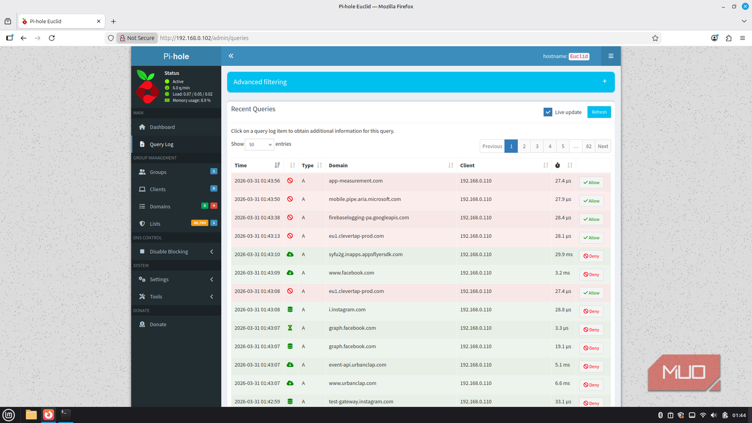 Pi-hole recent queries screen.