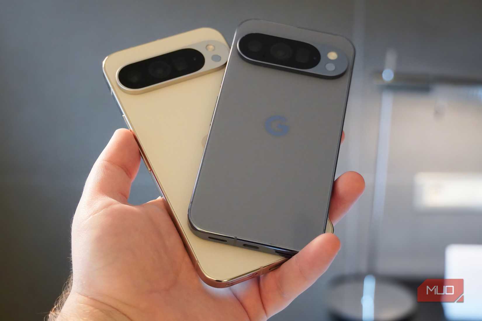 The Google Pixel 9 Pro XL and the Google Pixel 10 Pro in the hand.