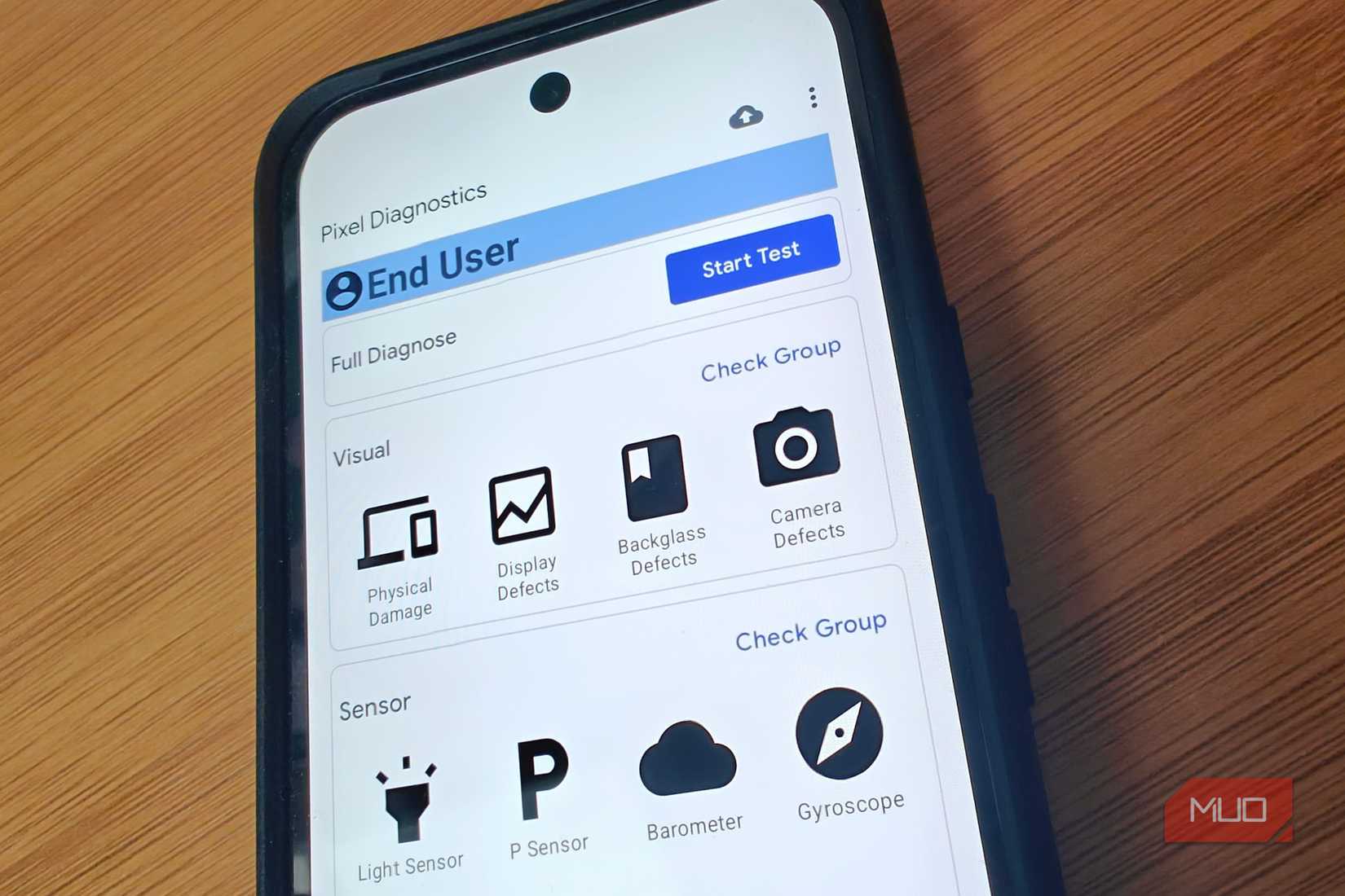 Close up of Pixel Diagnostics screen