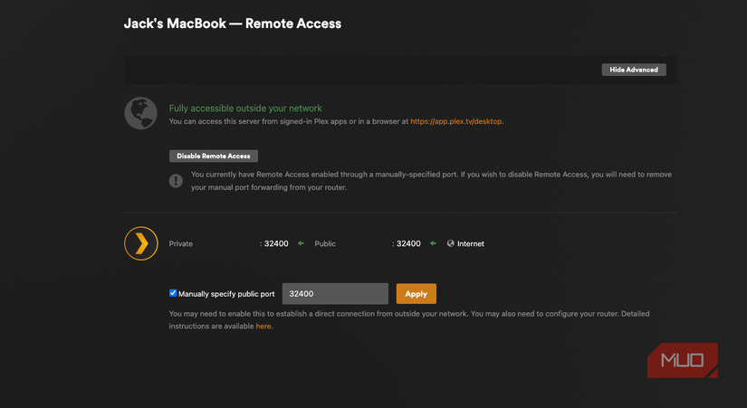Adjusting Remote Access settings in Plex.