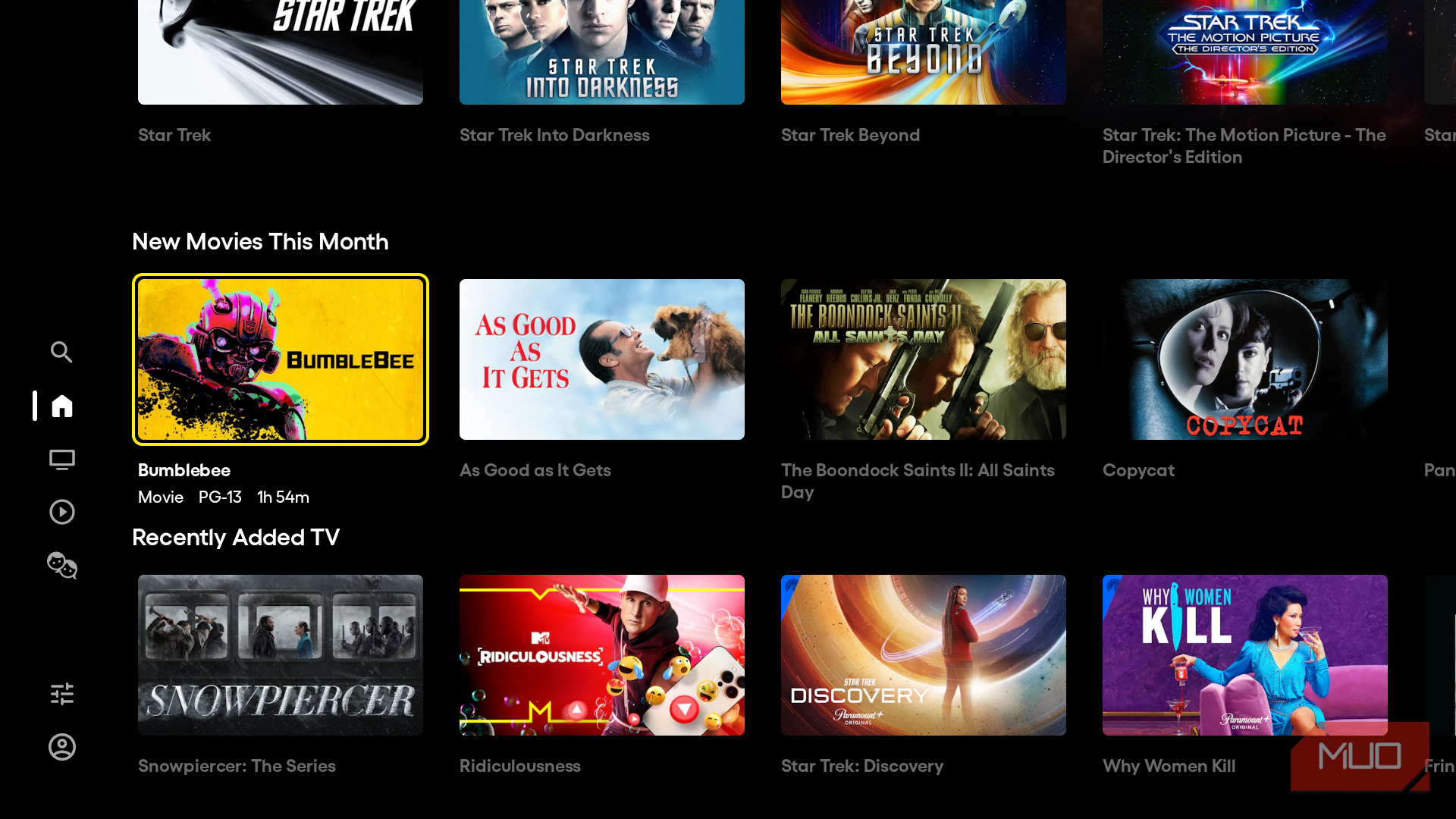 The Pluto TV interface with free content.