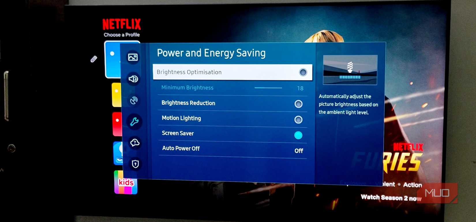 Samsung TVの「パワーと省エネ」設定画面