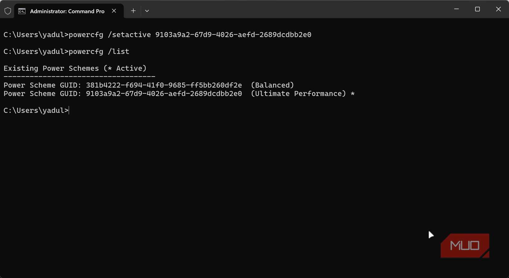 PowerCFG activating ultimate performance power plan in Windows Terminal.