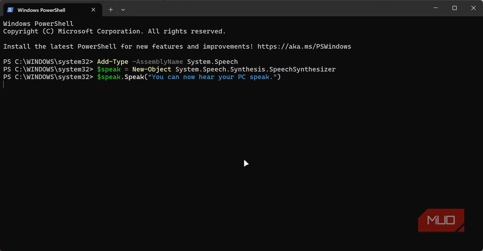 PowerShell speech synthesizer demo.