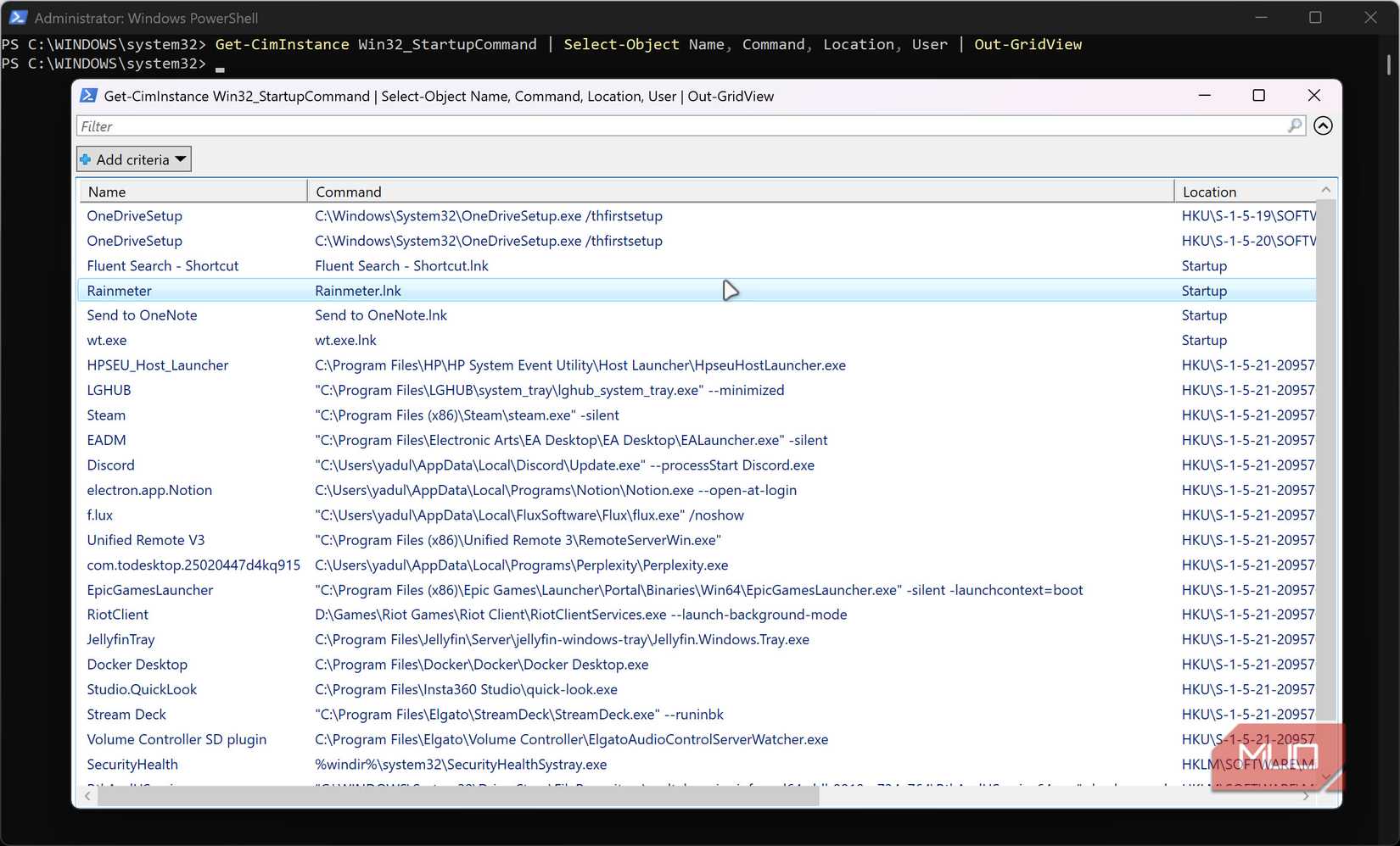 PowerShell startup items in searchable list.