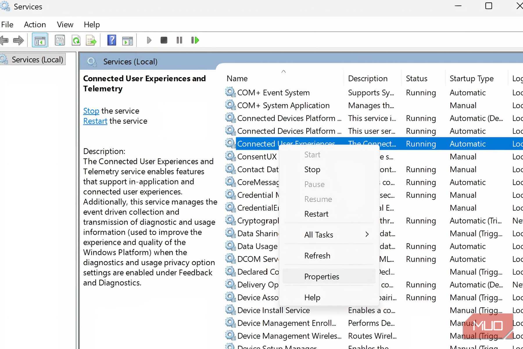 Properties opened in drop-down menu