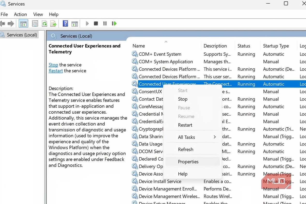 Properties opened in drop-down menu