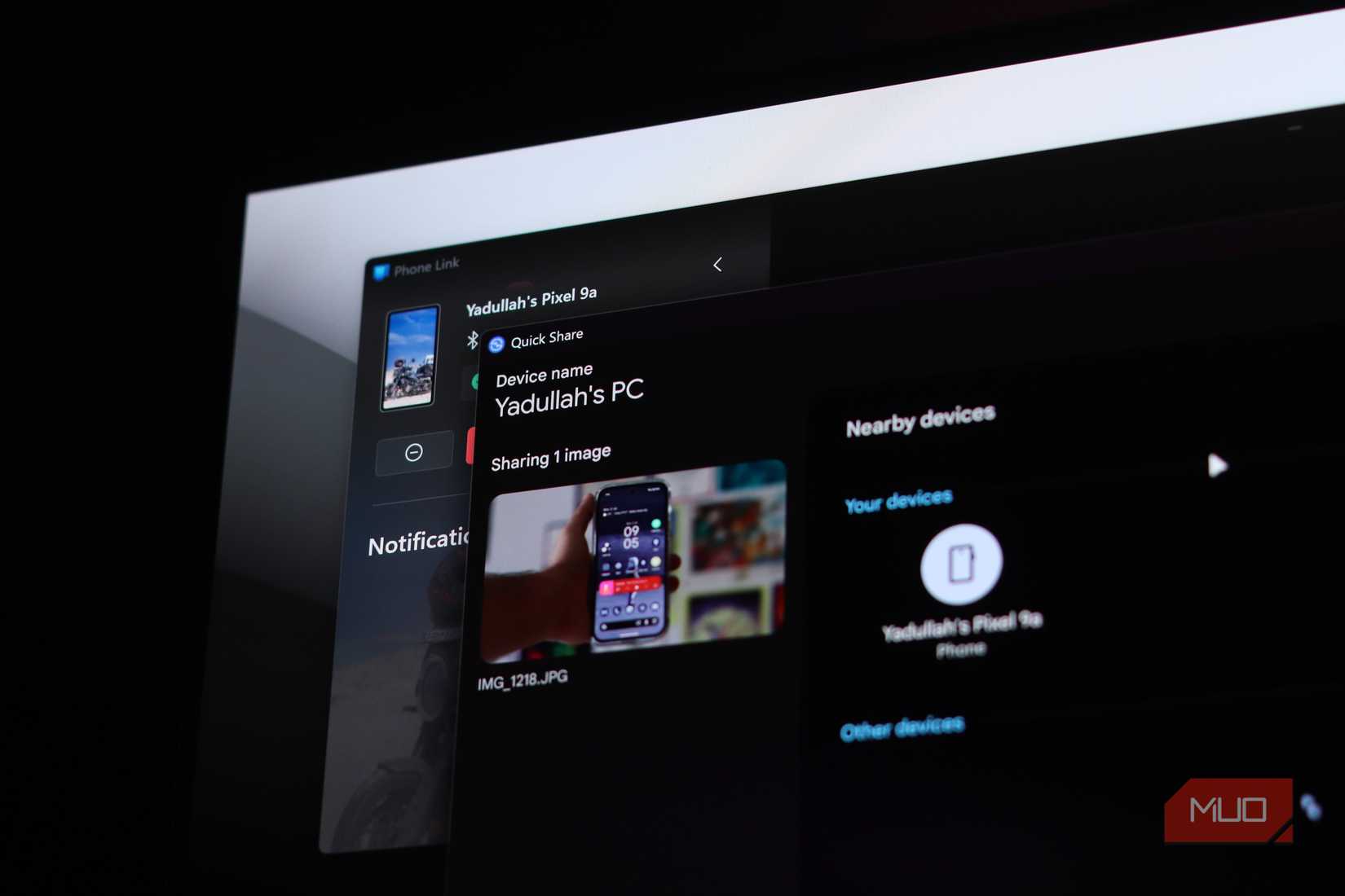 Quick Share running over Phone Link on Windows 11.