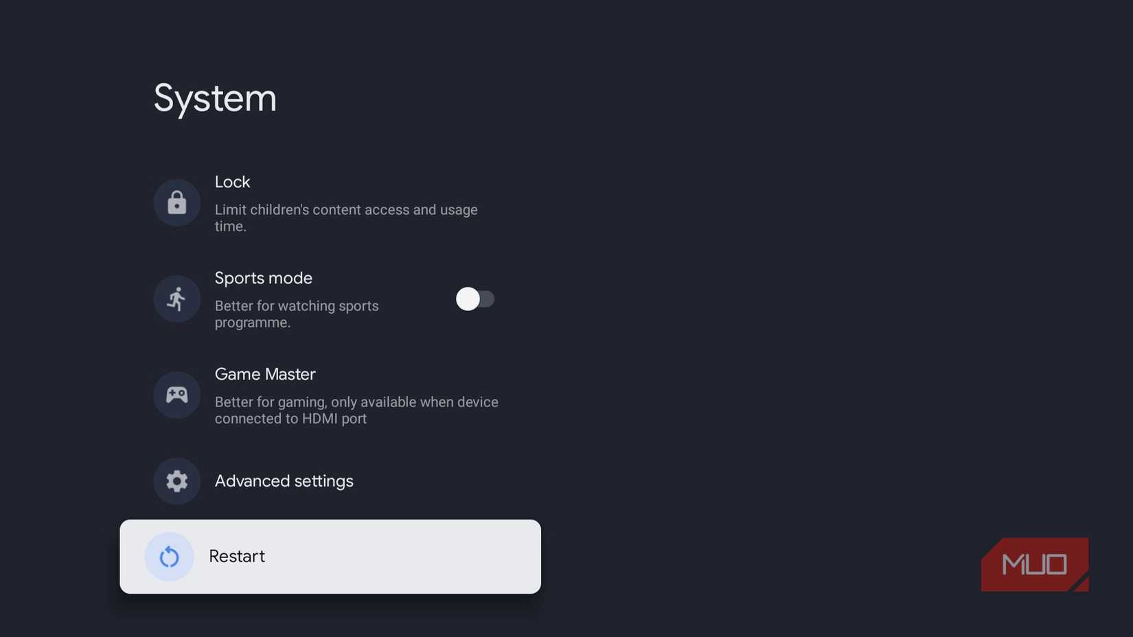 Restart option in Google TV settings