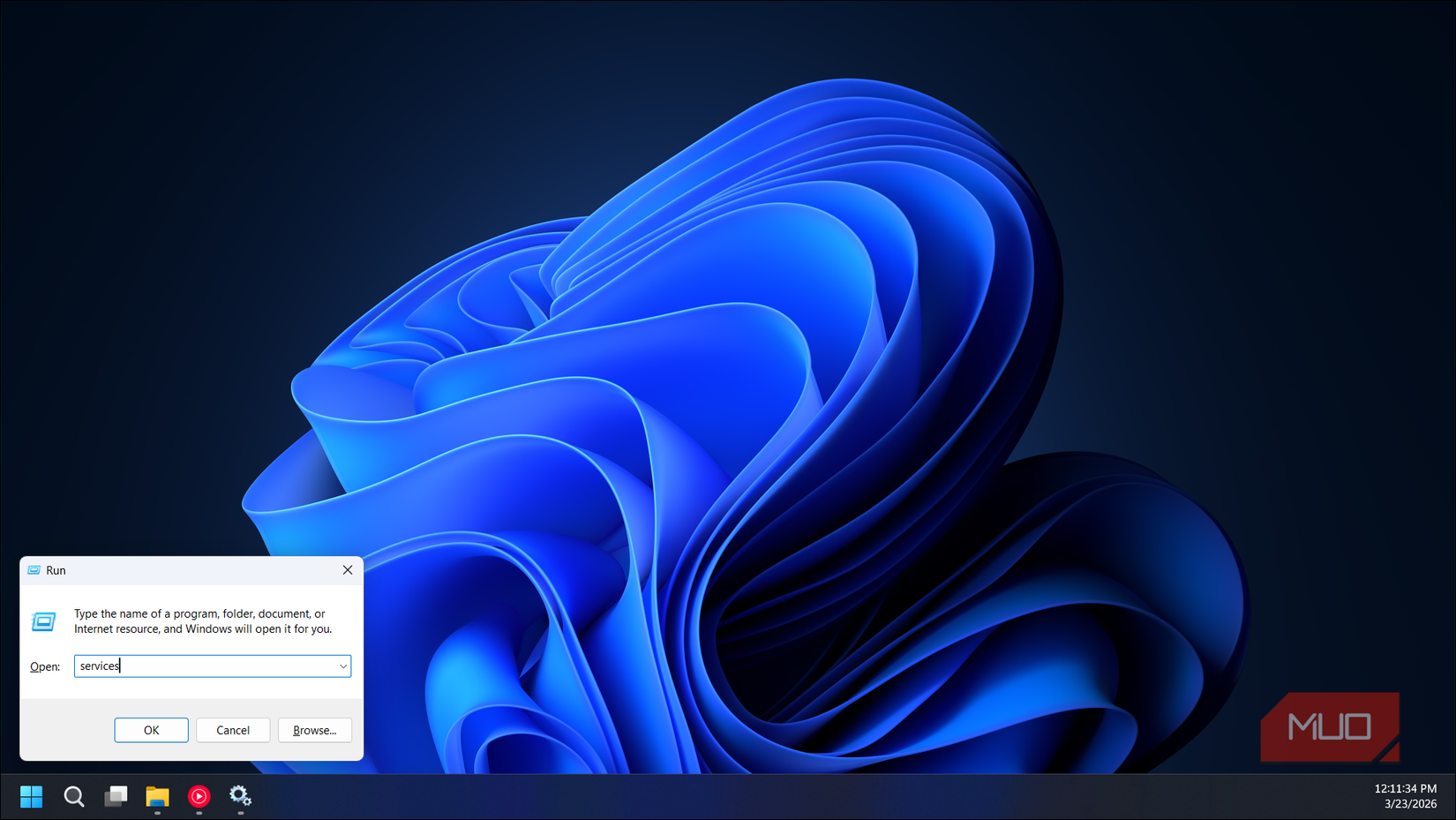 Run dialog open with the services command on Windows 11