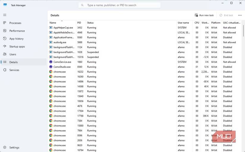 Running and suspended apps on Task Manager