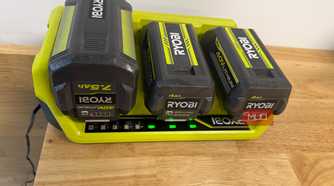 ryobi 40v lithium batteries on a charger