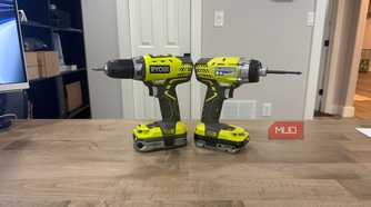 ryobi drill and impact driver on desk