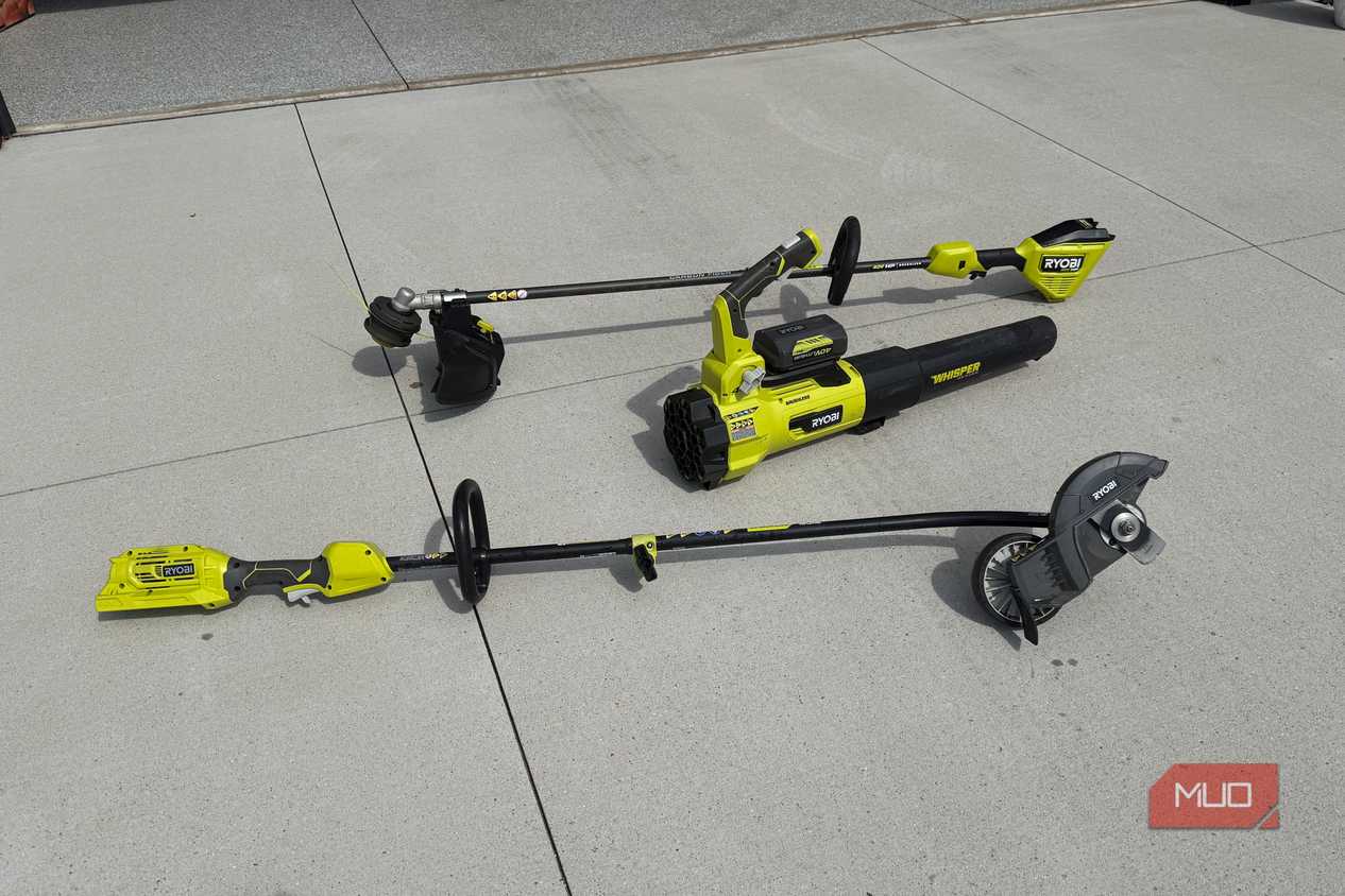 Ryobi yard tools on driveway