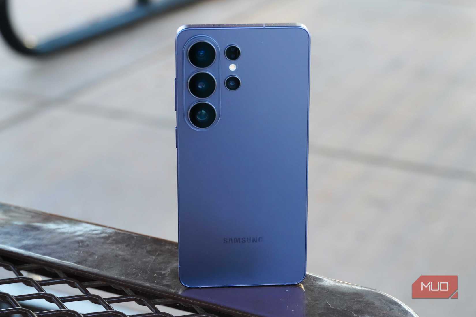 The Galaxy S26 Ultra standing up.