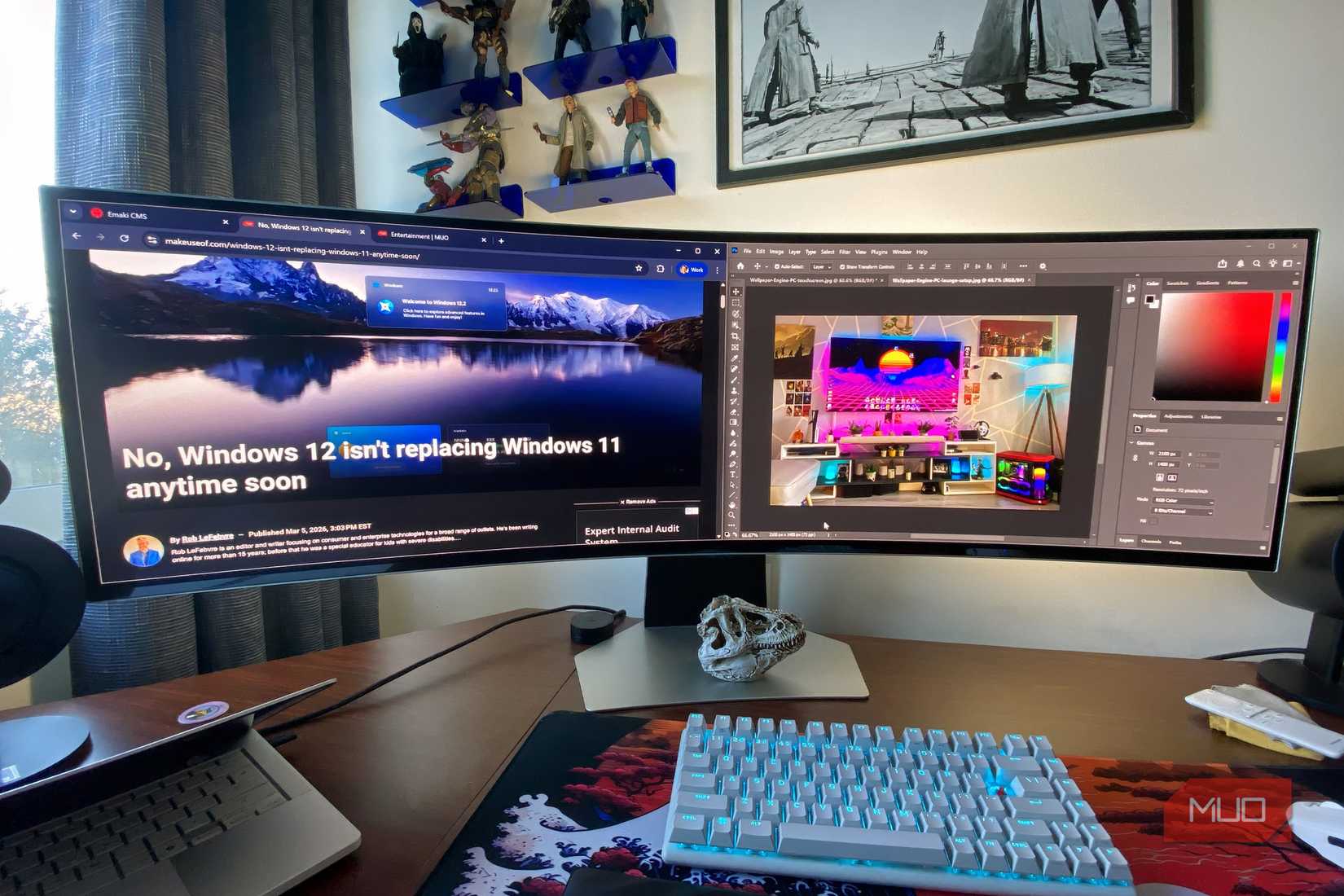 A Samsung Odyssey OLED G9 monitor displaying Photoshop and Google Chrome