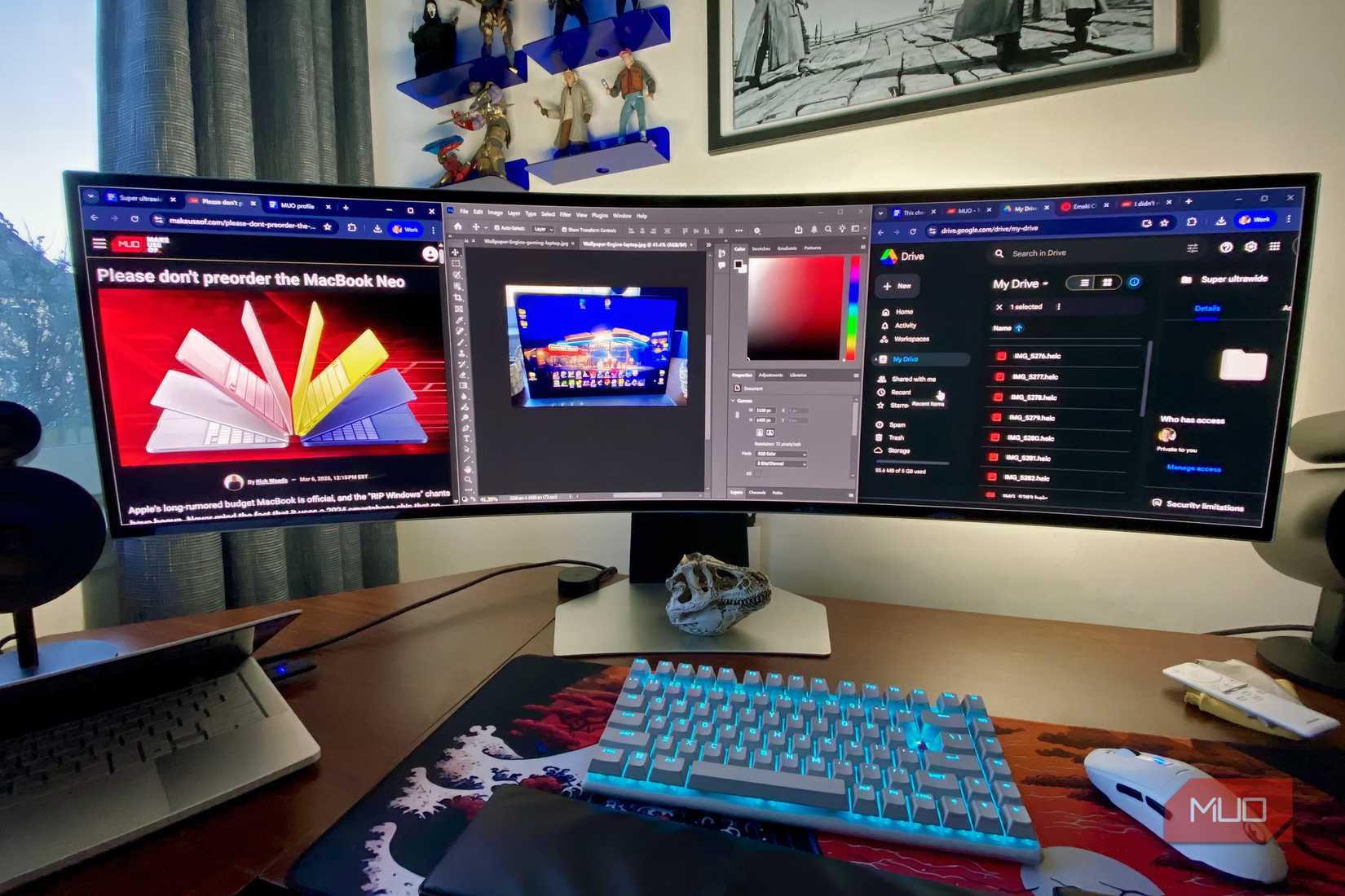 Samsung Odyssey OLED G9 monitor showing Photoshop and Google Chrome