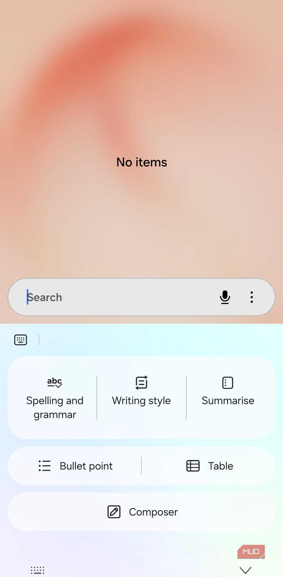 SamsungキーボードのWriting Assistメニュー