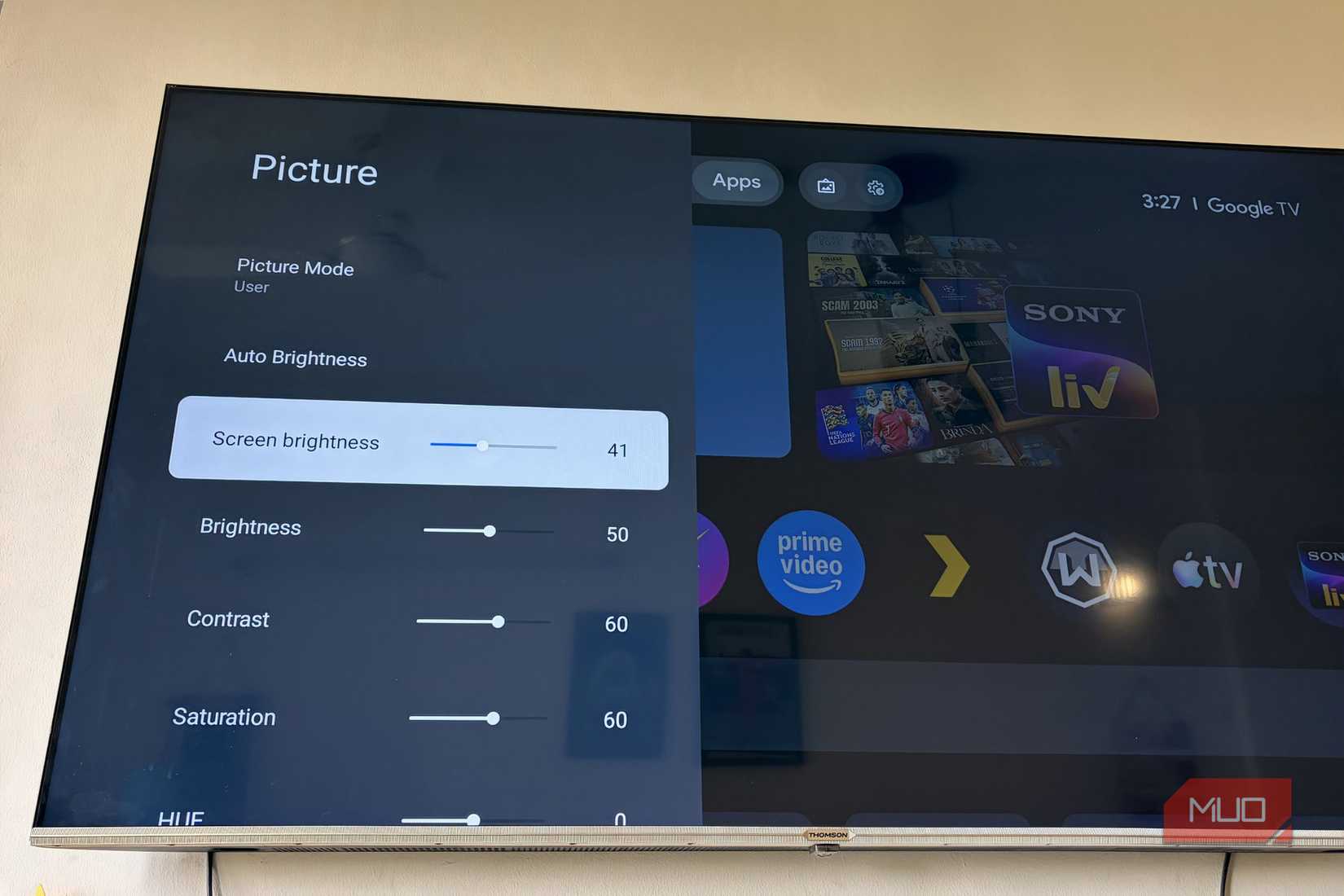 Screen brightness setting selected on smart TV