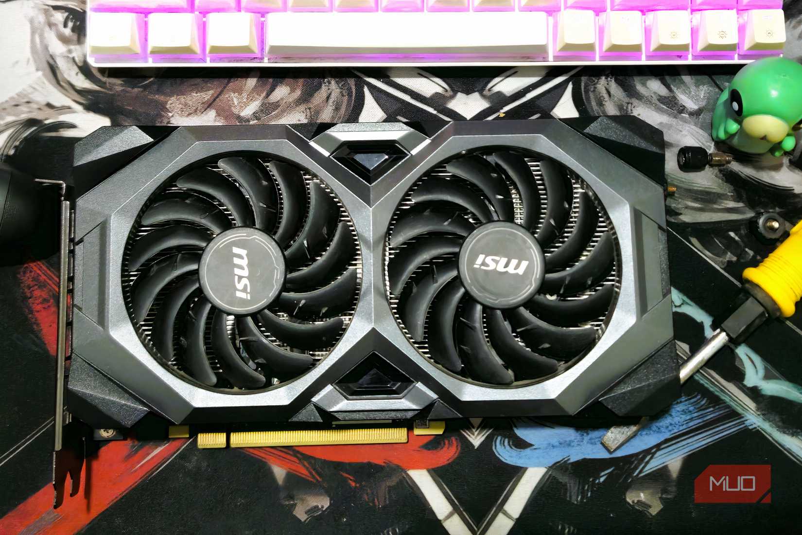 Picture of a GPU sitting on a table.