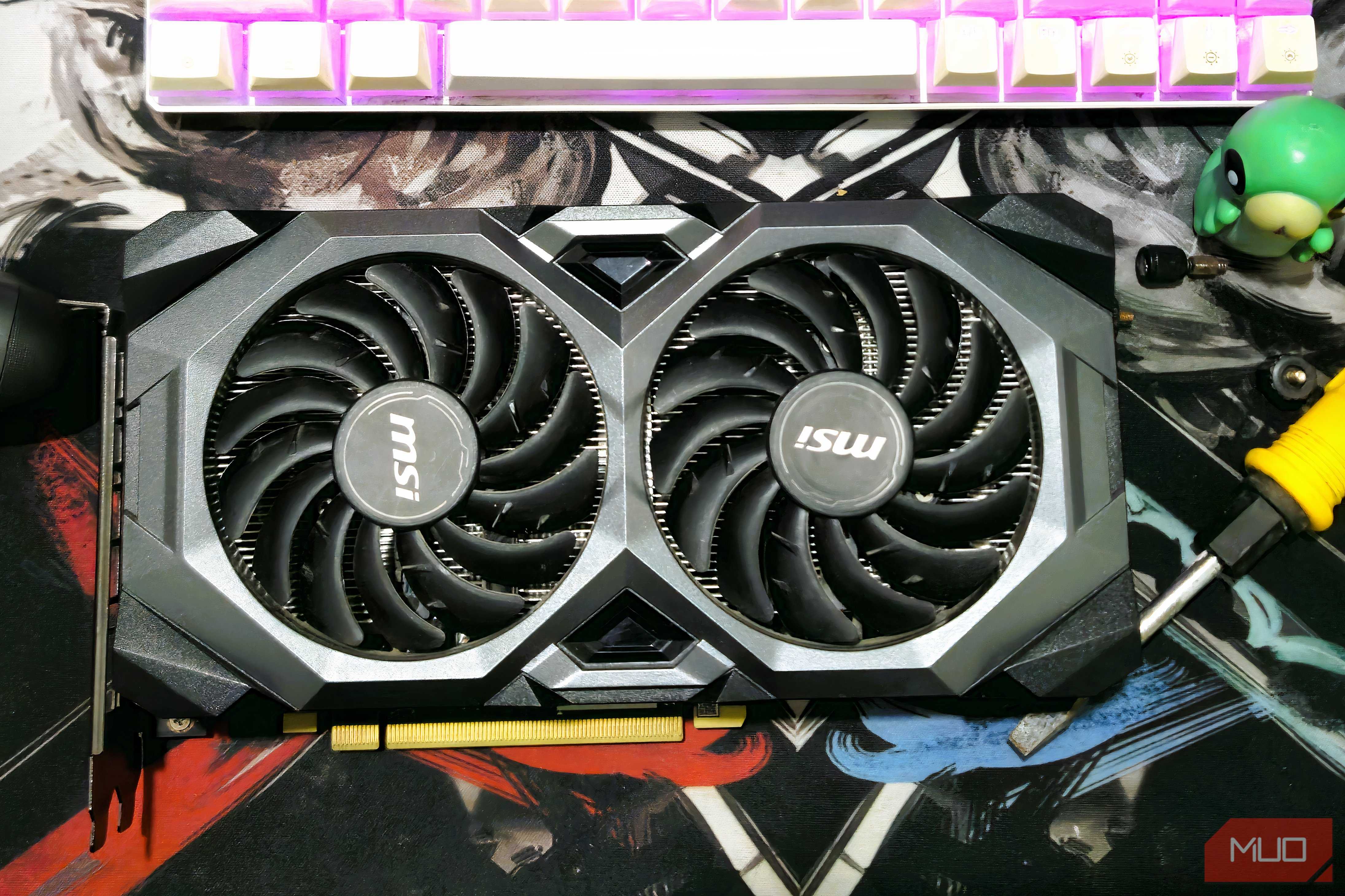 Picture of a GPU sitting on a table.
