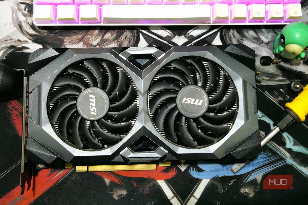 Picture of a GPU sitting on a table.