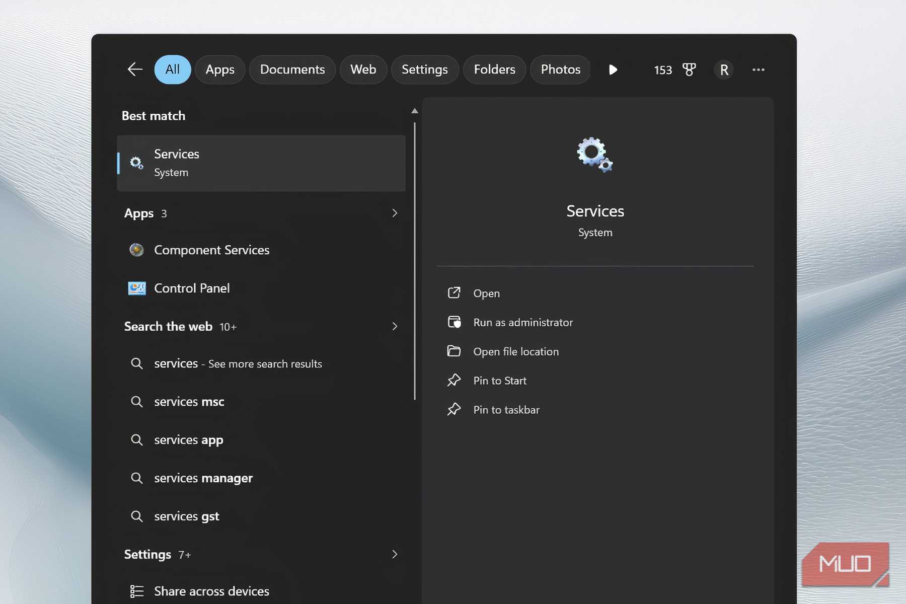 Services app opened on Windows 11