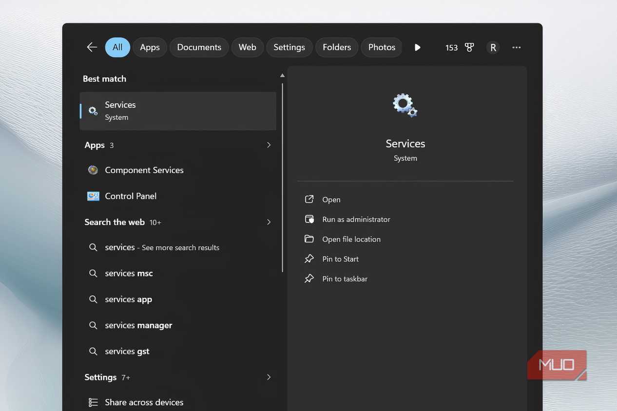 Services app opened on Windows 11