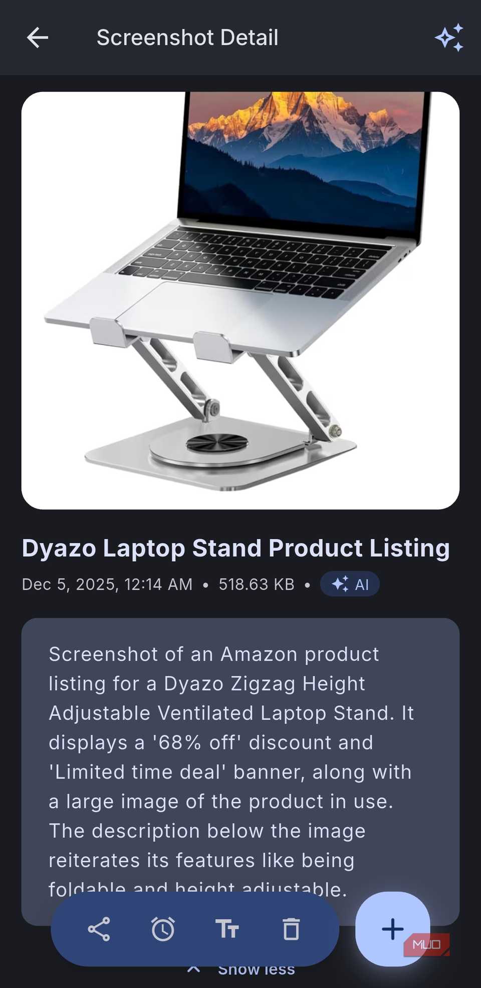 Aplicación Shots Studio que muestra una descripción en Android
