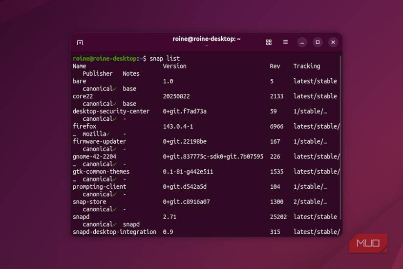 Installed snaps listed.