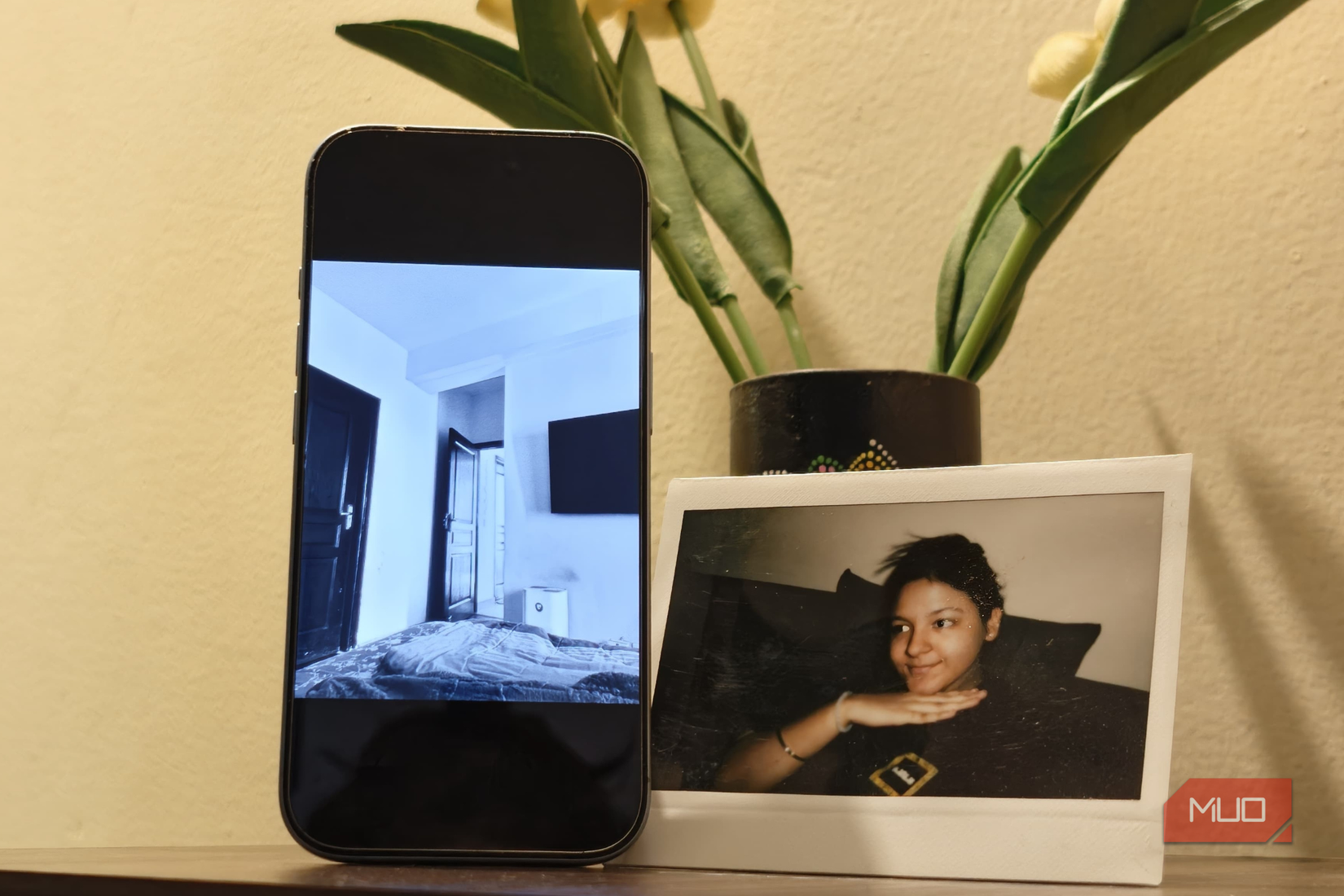 Filtro Snapseed en blanco y negro en iPhone con fotografía Polaroid en el lateral