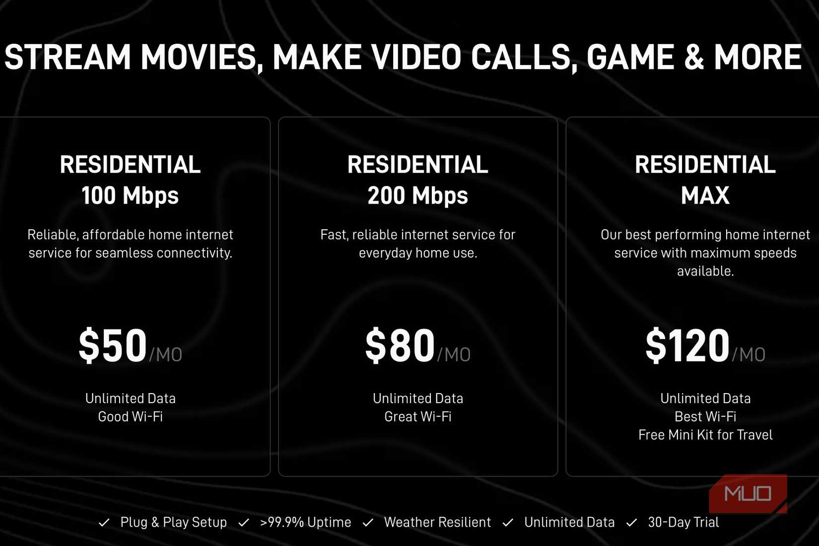 A screenshot showing internet options for Starlink in 2026.