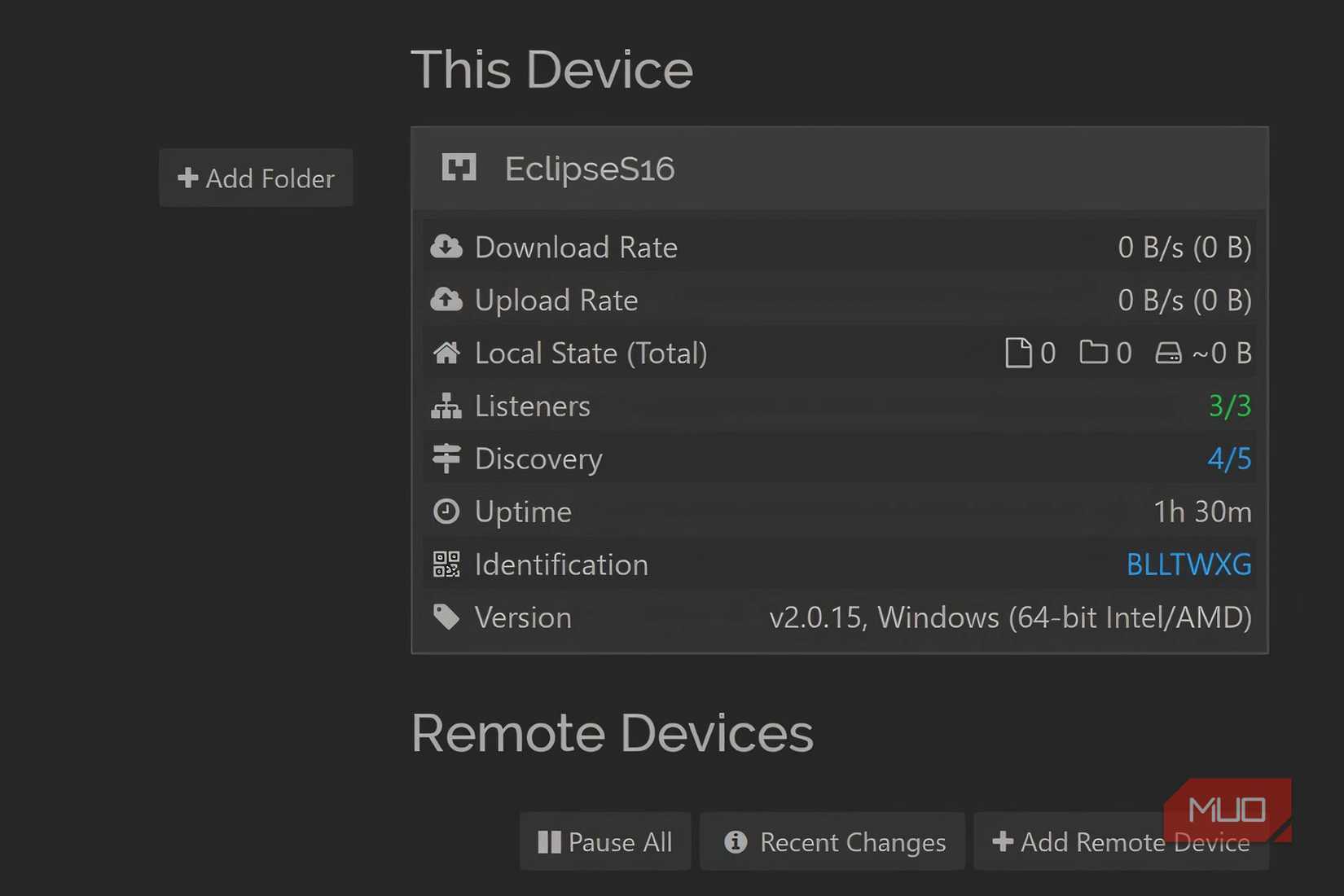 Aplicación Syncthing abierta en una computadora portátil con Windows