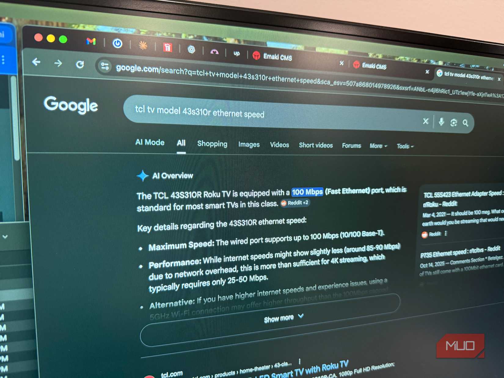 TCL model 43s310r ethernet speed google result