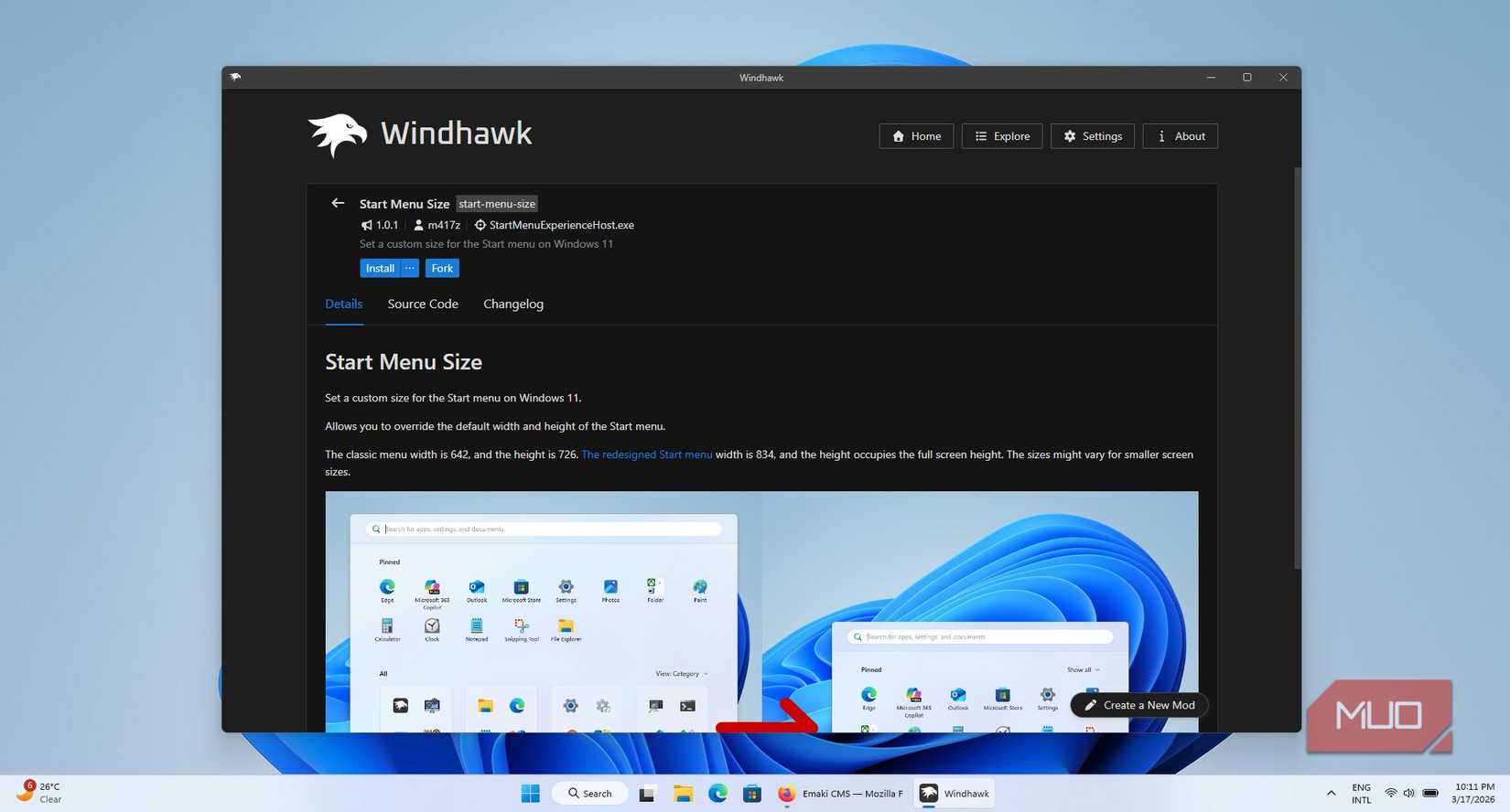 The Start Menu Size mod page in Windhawk
