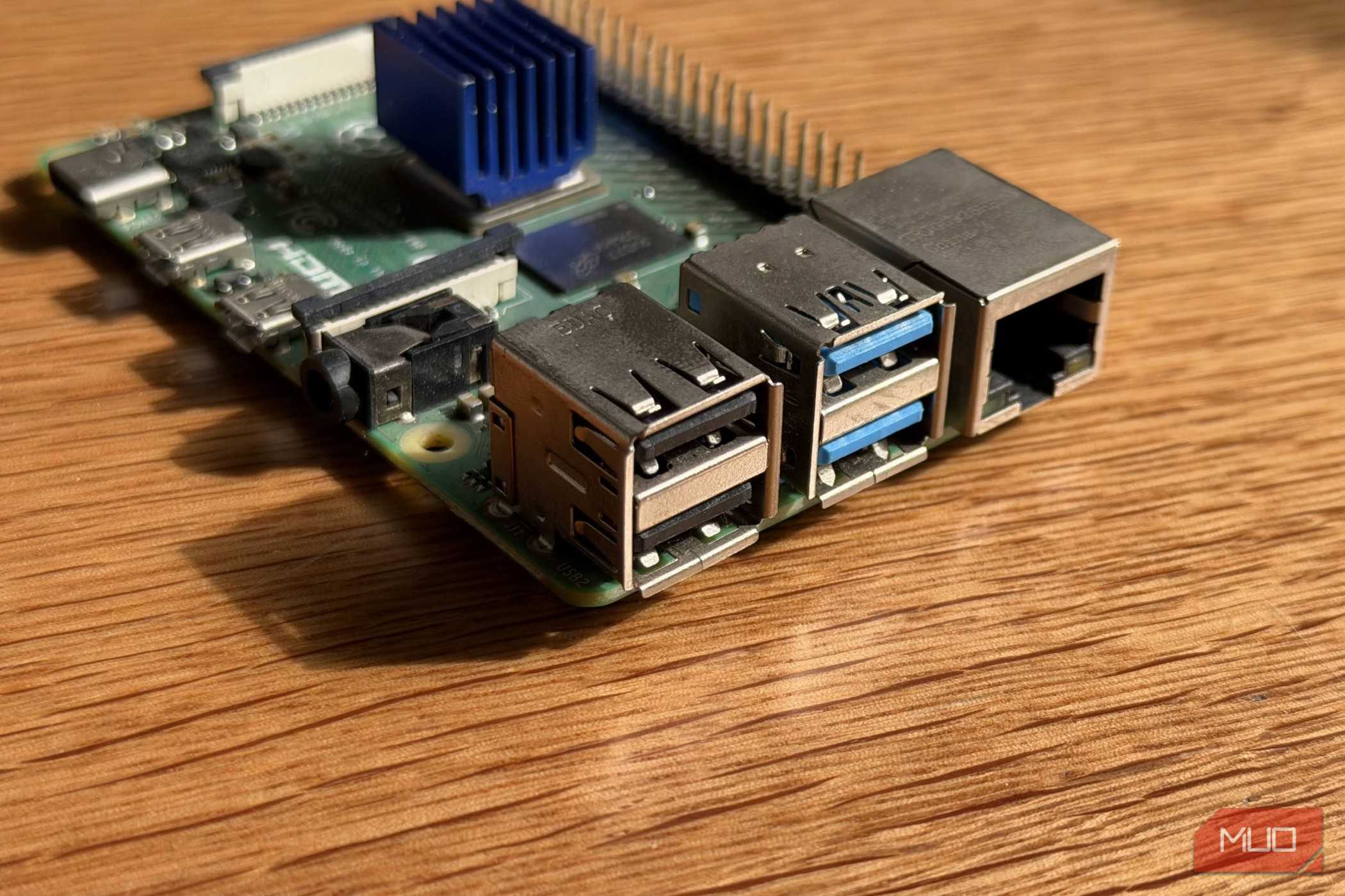 The USB and Ethernet ports on a Raspberry Pi 4