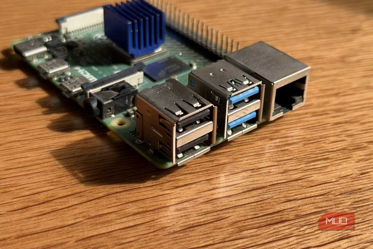 The USB and Ethernet ports on a Raspberry Pi 4